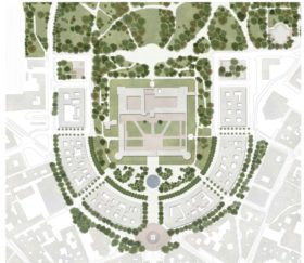 Parterre in calcestre e alberi per il progetto di Piazza Castello