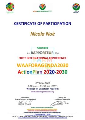 Nicola Noè RAPPORTEUR at the FIRST INTERNATIONAL CONFERENCE WAAFORAGENDA2030 ActionPlan 2020-2030